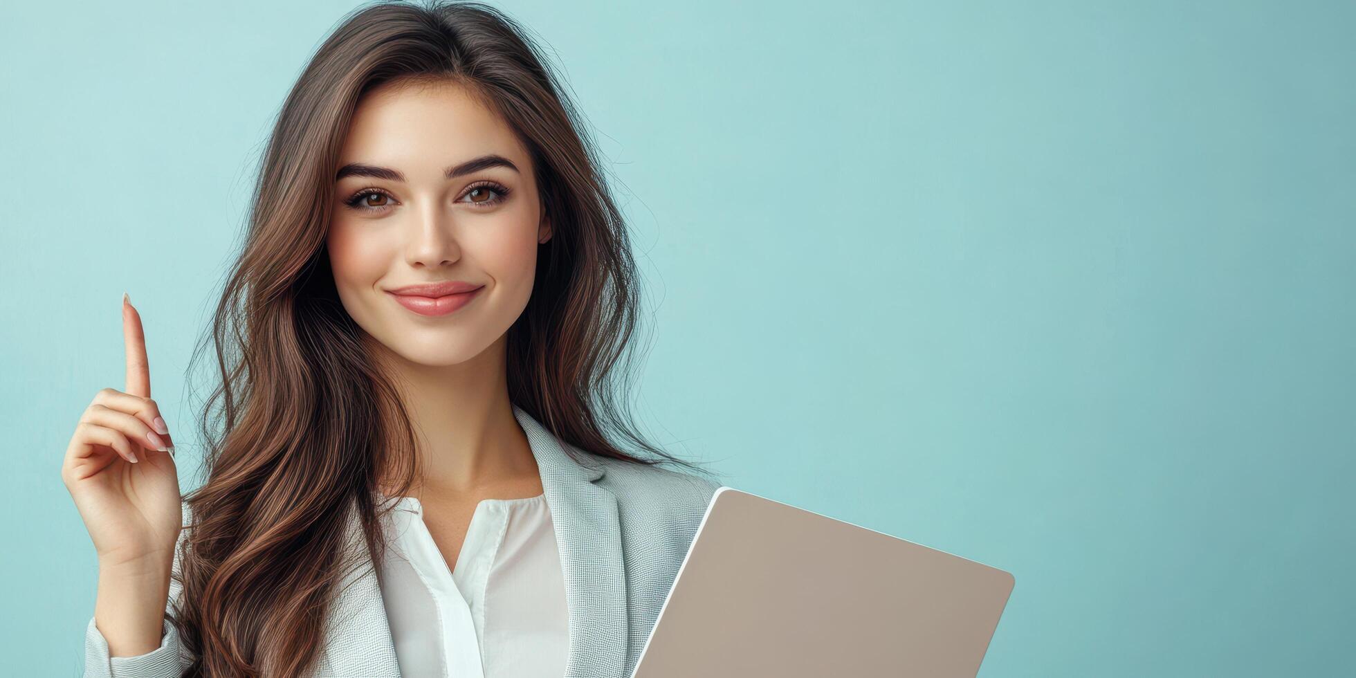 Young professional woman smiles confidently while holding a laptop and pointing her finger in a bright office setting photo
