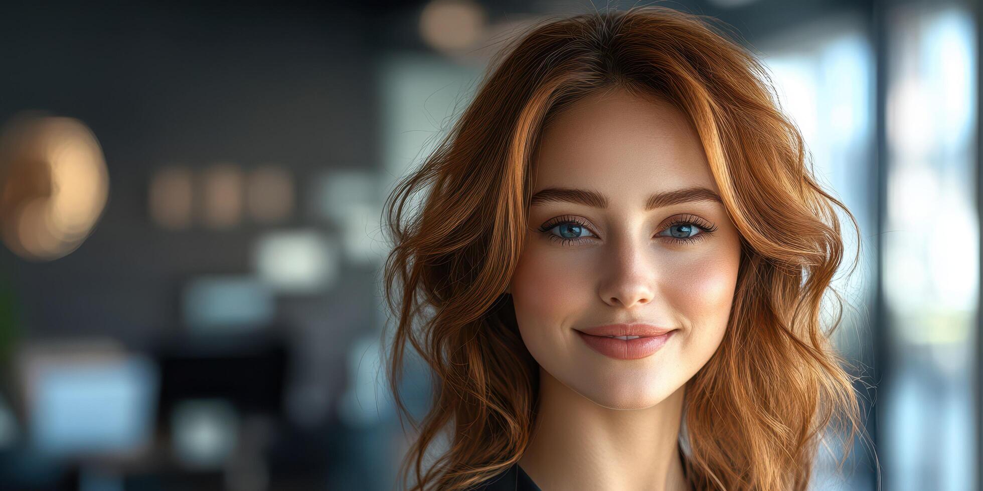 Young woman smiling in modern office setting with natural light during the day photo