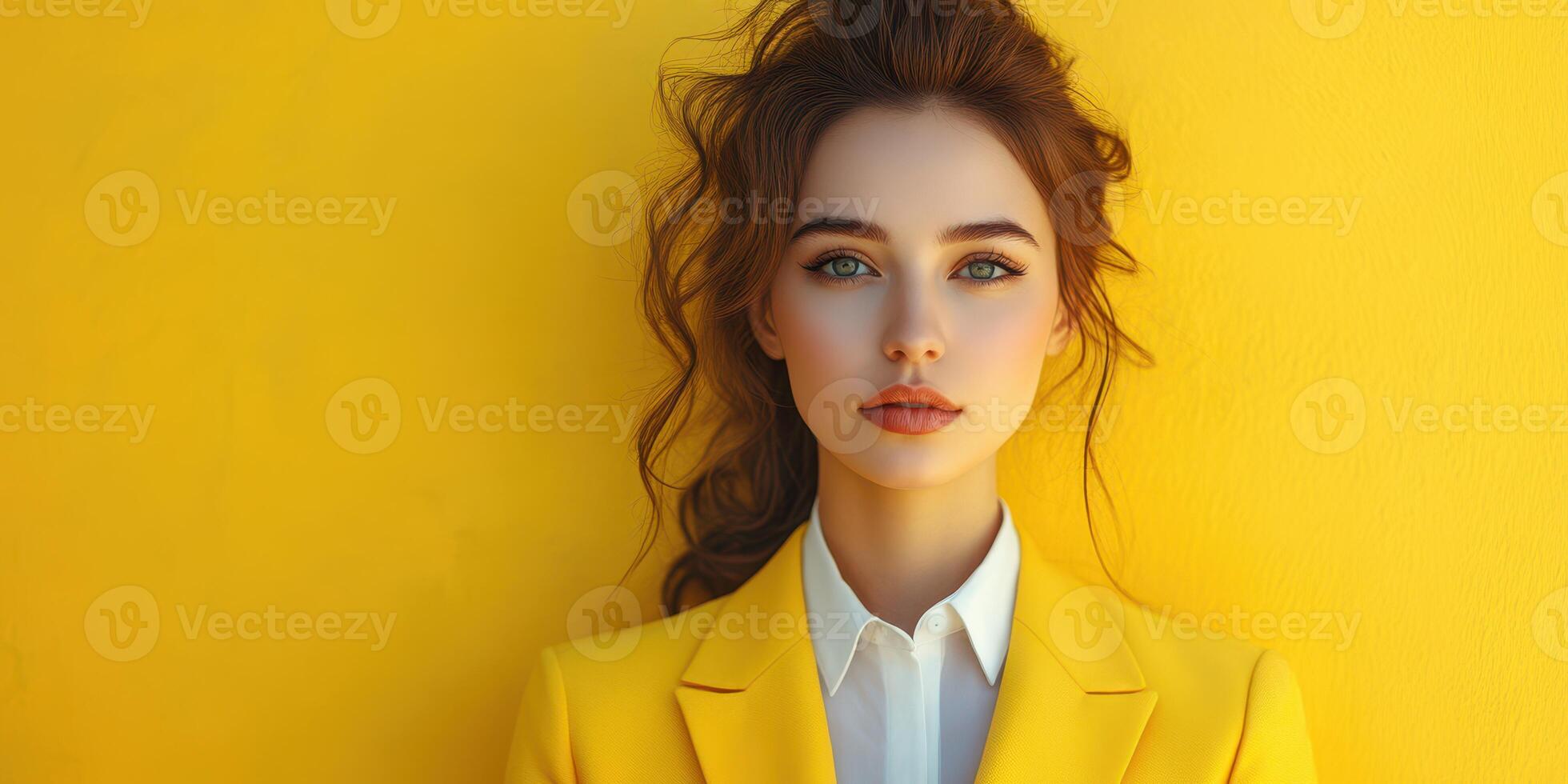 Confident woman in yellow suit posing against a vibrant yellow background in a stylish urban setting photo