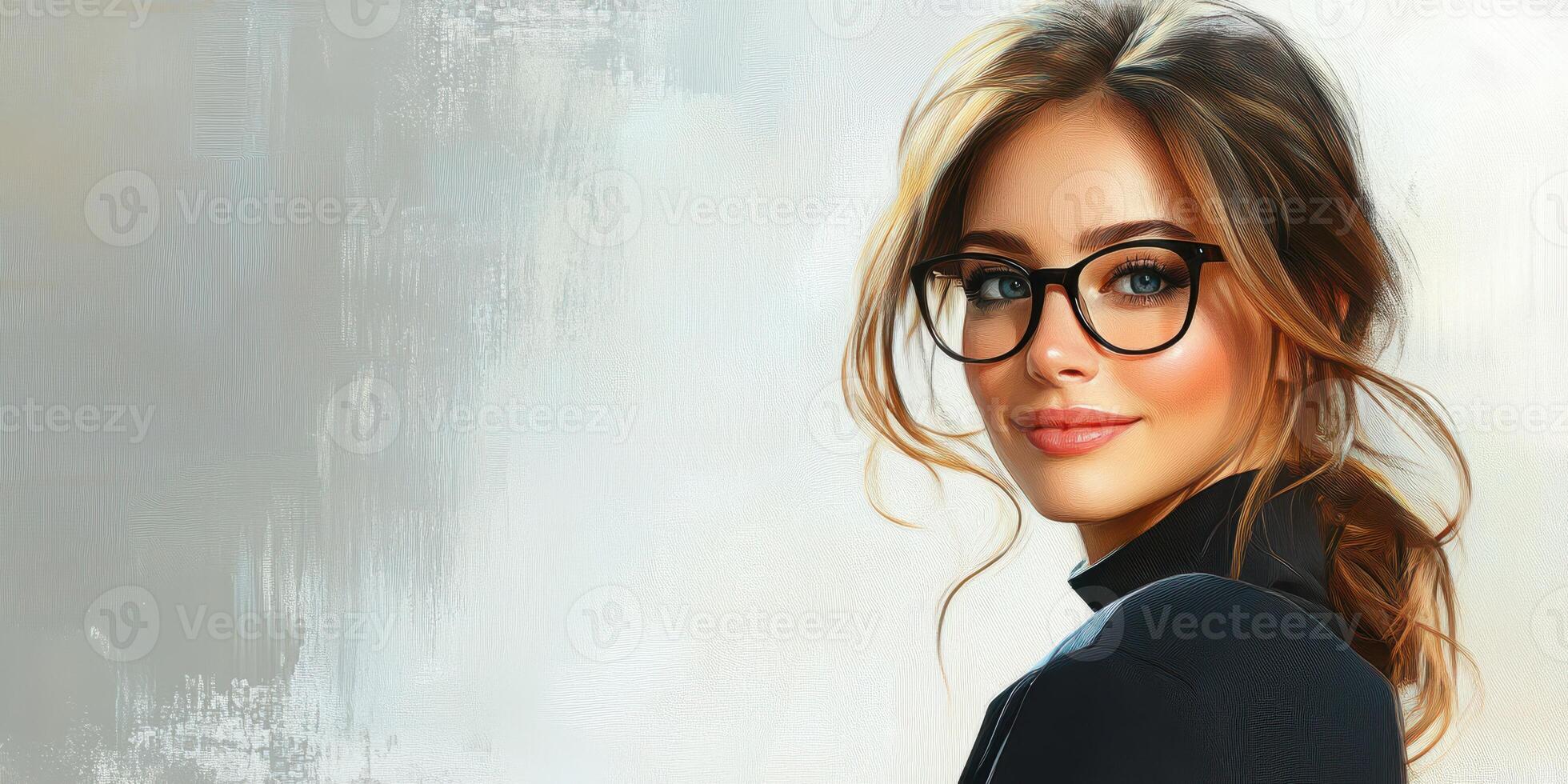 Woman with glasses smiling softly, captured in a minimalist portrait featuring warm tones and soft lighting photo