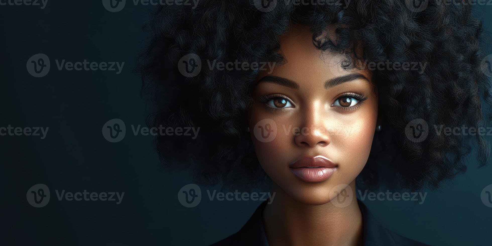 Portrait of a young woman with natural curls showcasing beauty and confidence in a studio setting photo