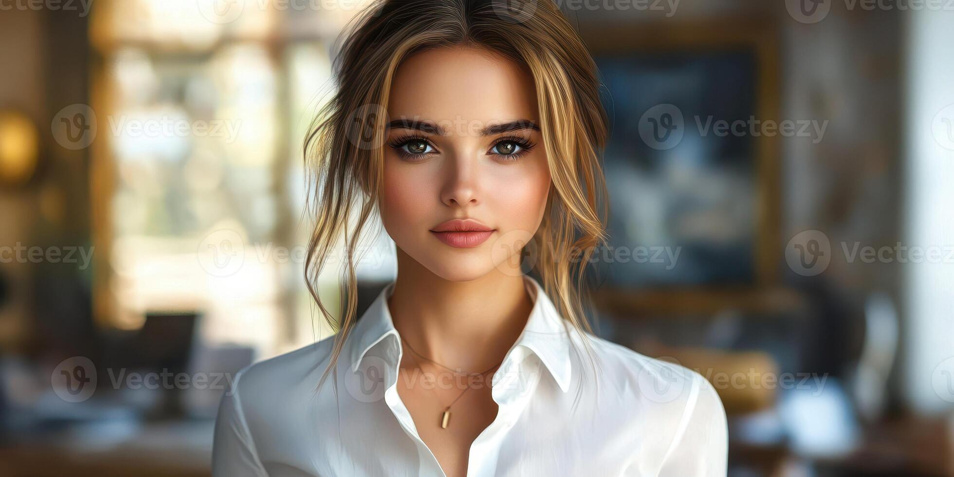 Woman with elegant style poses indoors with natural light illuminating her features in a modern space photo