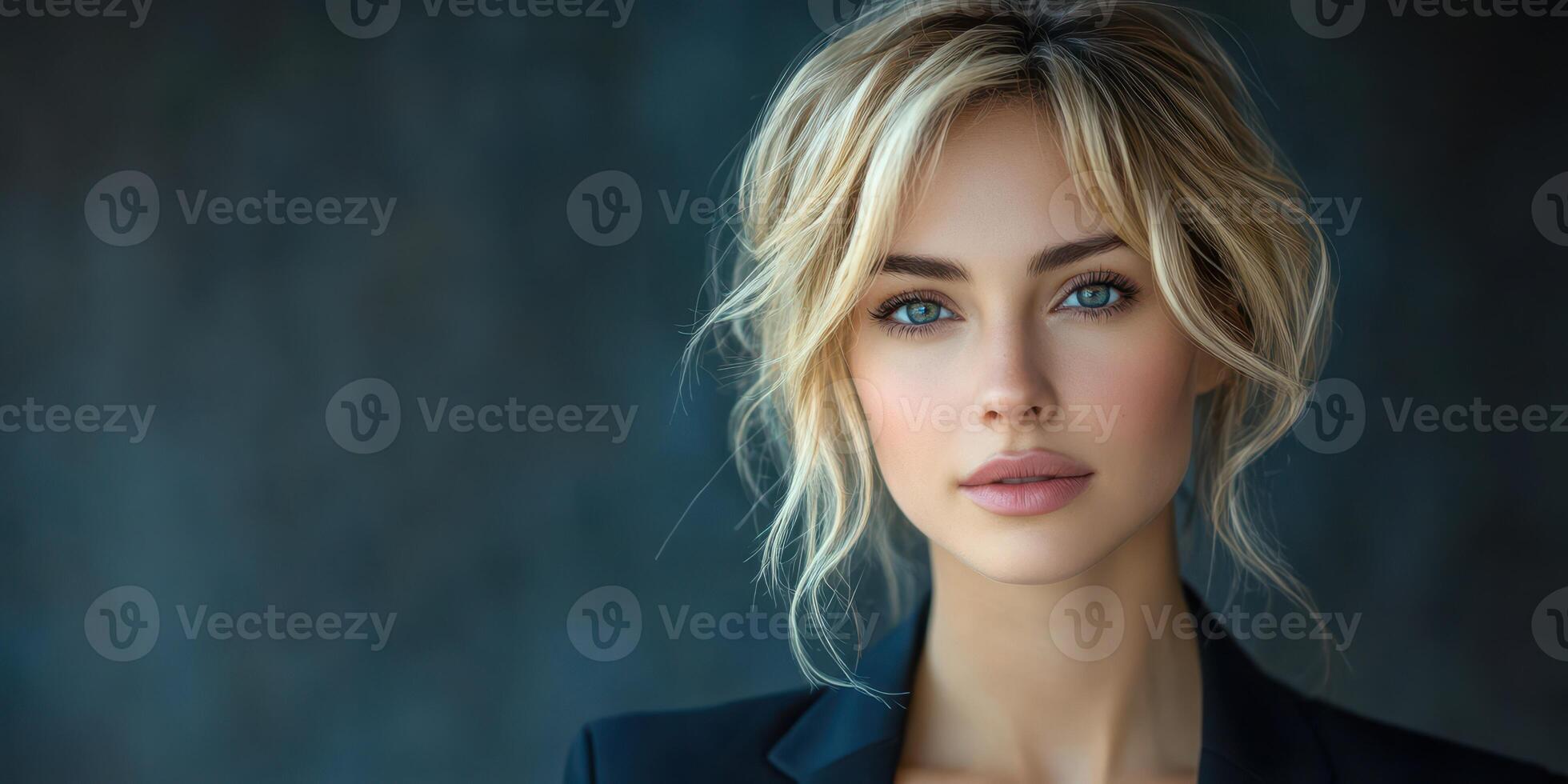 Beautiful woman with striking blue eyes and blonde hair poses confidently against a dark backdrop photo