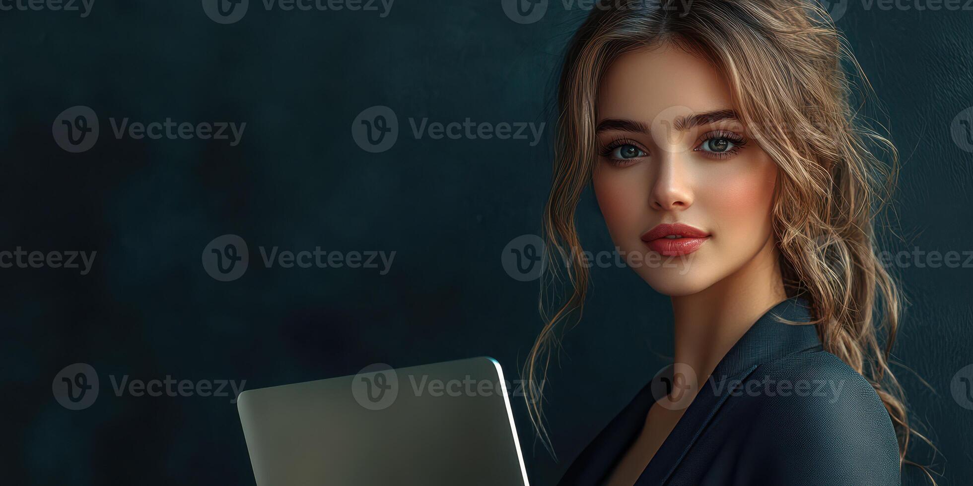 Professional young woman holding a laptop in a modern setting with a dark background photo