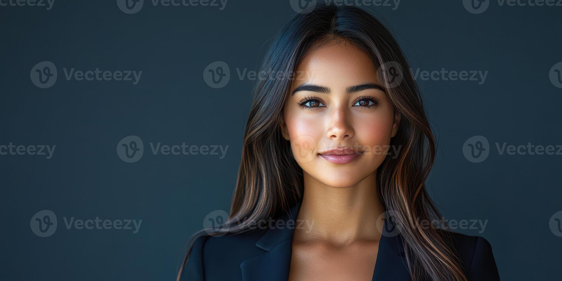 Portrait of a confident woman in a blazer with long hair against a dark background, showcasing professionalism and poise photo