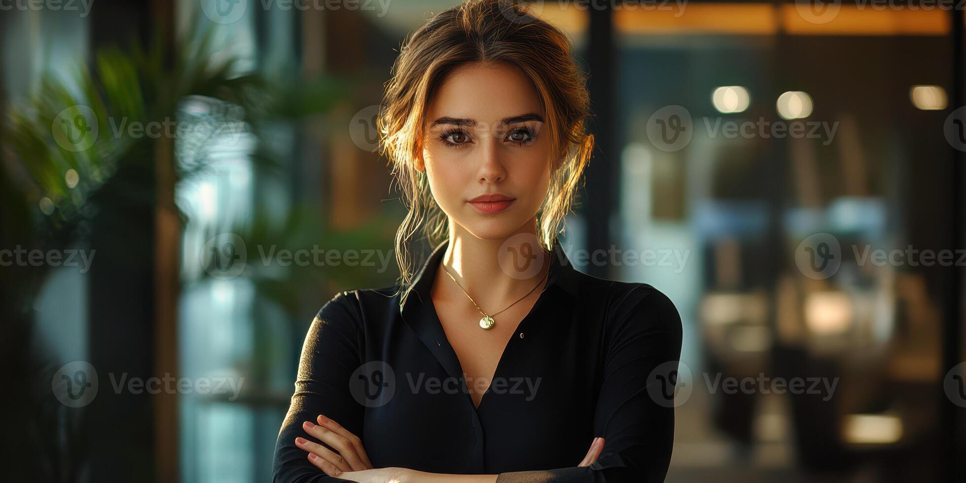Confident young woman stands in modern office, showcasing professionalism and determination during working hours photo