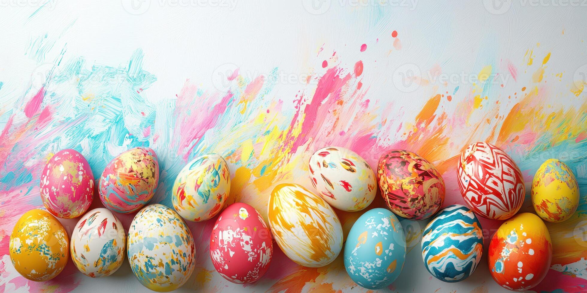 Colorful decorated eggs arranged on a vibrant background depicting a festive atmosphere for spring celebrations photo