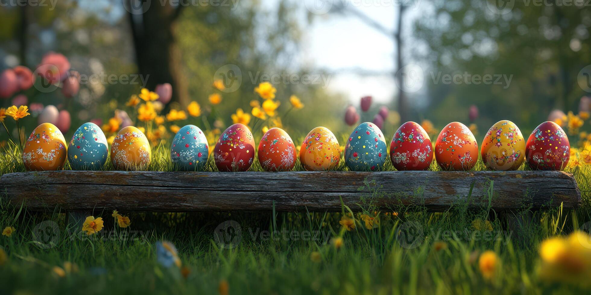 Colorful decorated eggs displayed on a wooden log in a vibrant spring meadow filled with blooming flowers photo