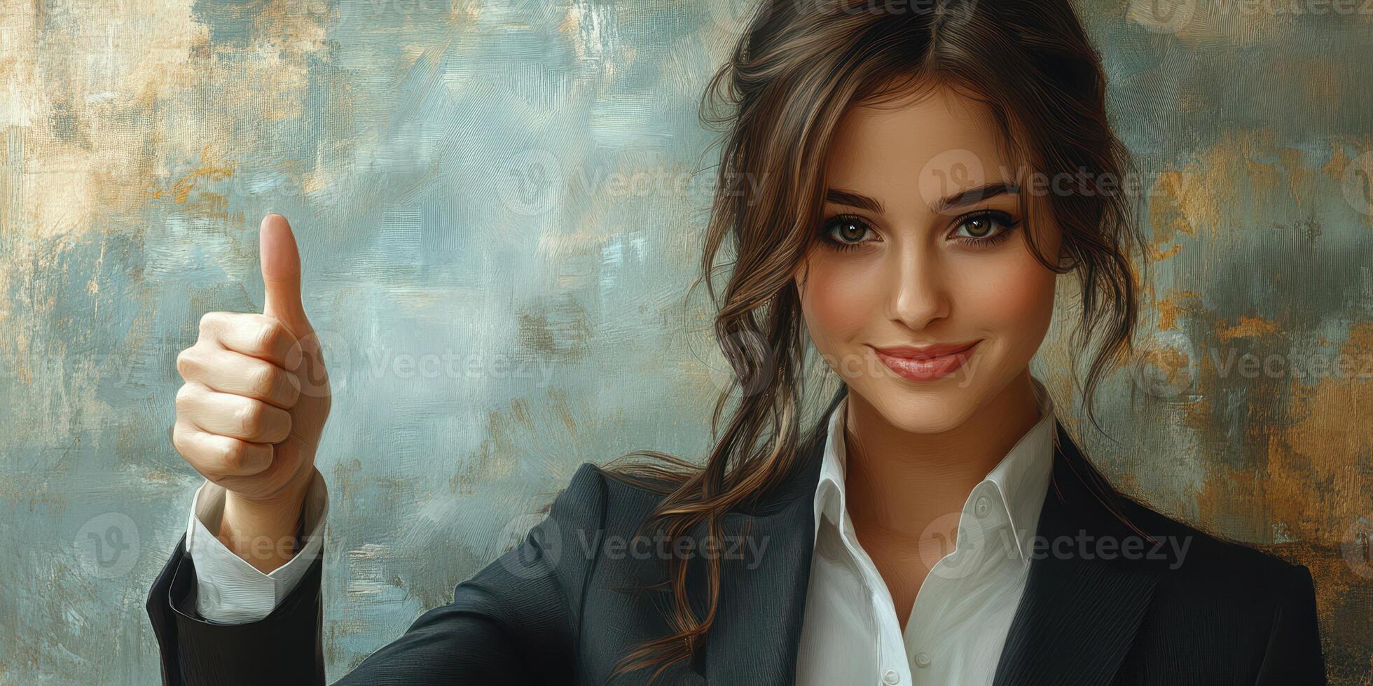 Businesswoman giving a thumbs up in a professional setting with a warm background photo