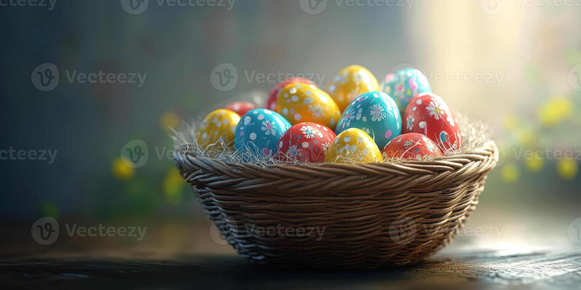 Colorful decorated Easter eggs arranged in a wicker basket on a wooden surface during springtime photo