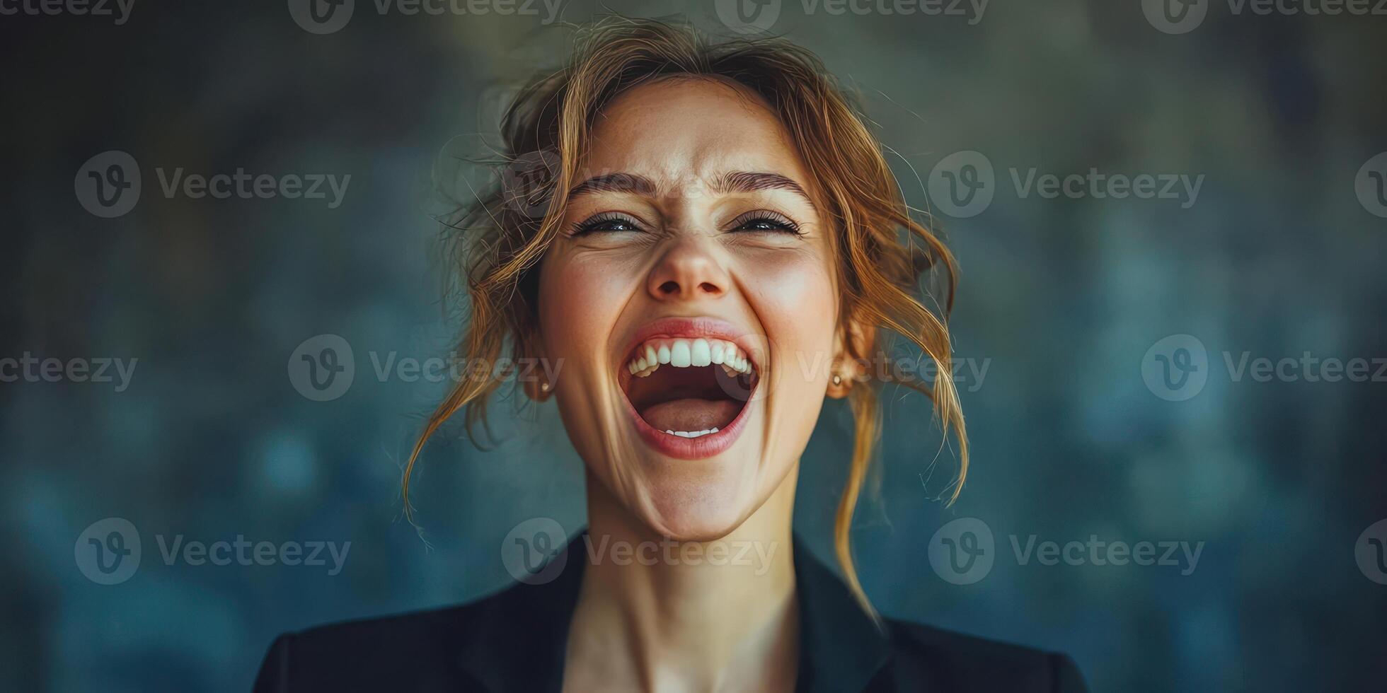 Joyful woman laughing heartily against a textured background during a bright sunny day photo