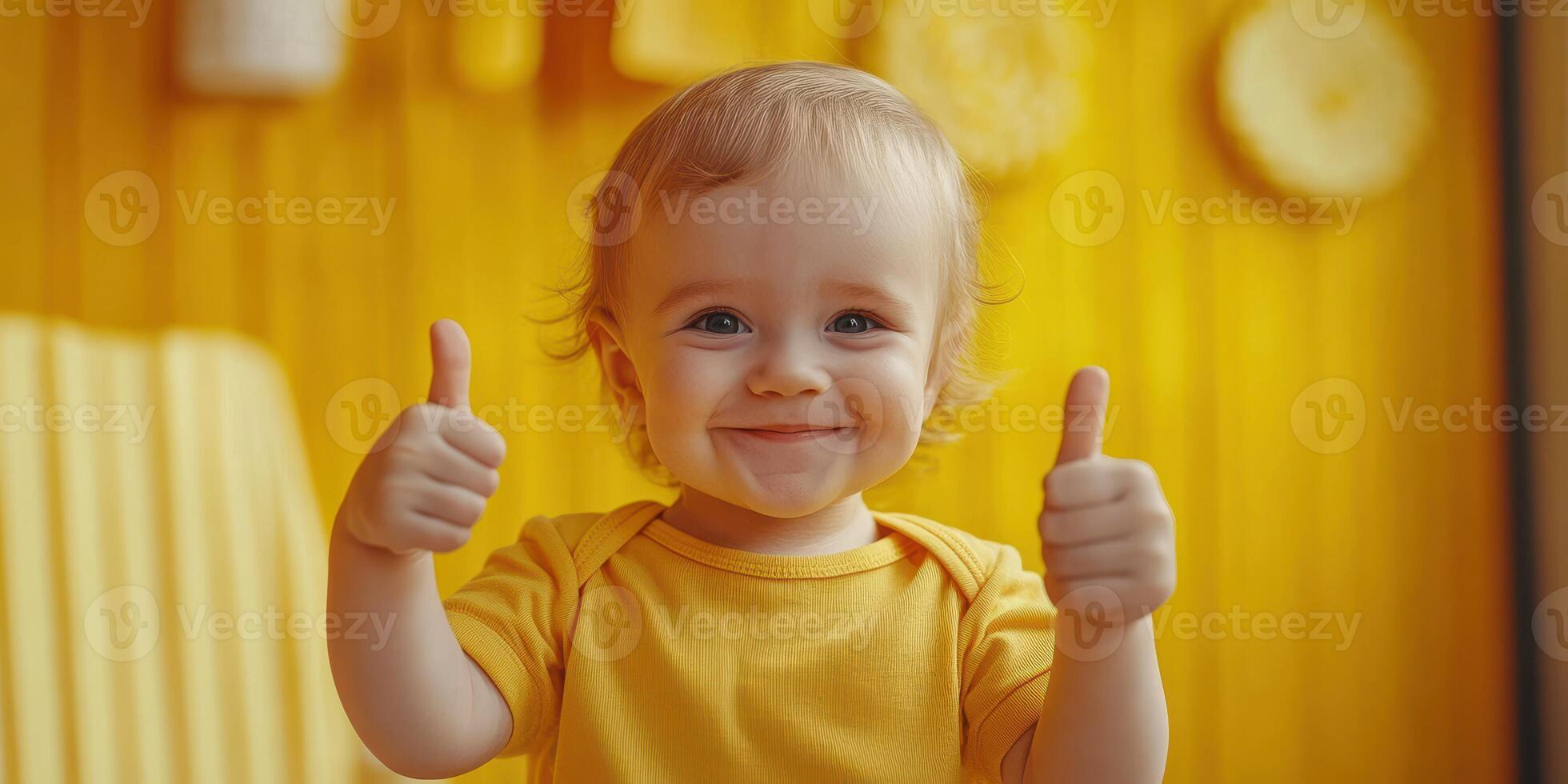 Happy child gives thumbs up in vibrant yellow room during bright afternoon playtime photo