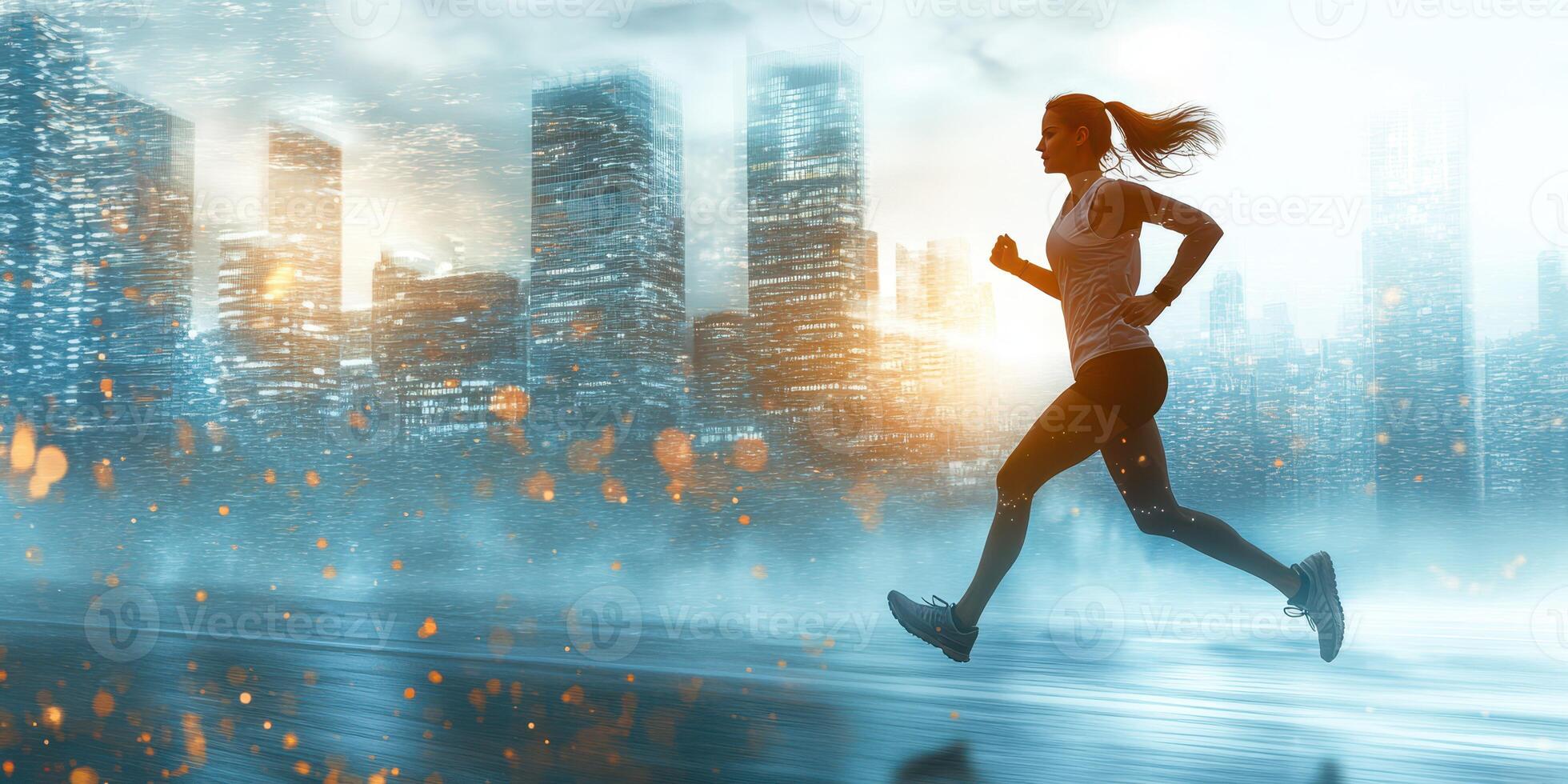 Runner moves swiftly through a vibrant cityscape at dawn with a dynamic mix of light and mist photo