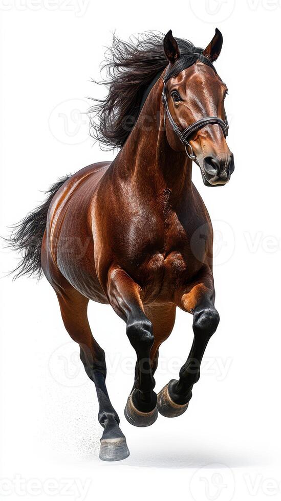 Powerful brown horse galloping dynamically across a plain background with flowing mane and intense expression photo