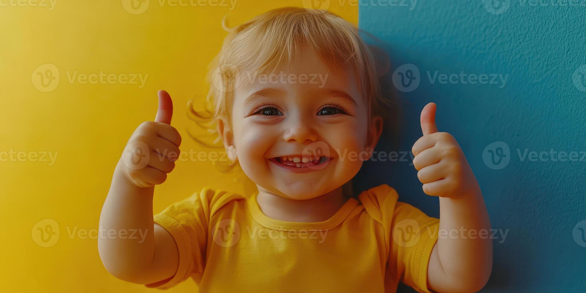 Smiling child gives thumbs up in vibrant yellow and blue setting, showcasing joy and excitement in playful atmosphere photo