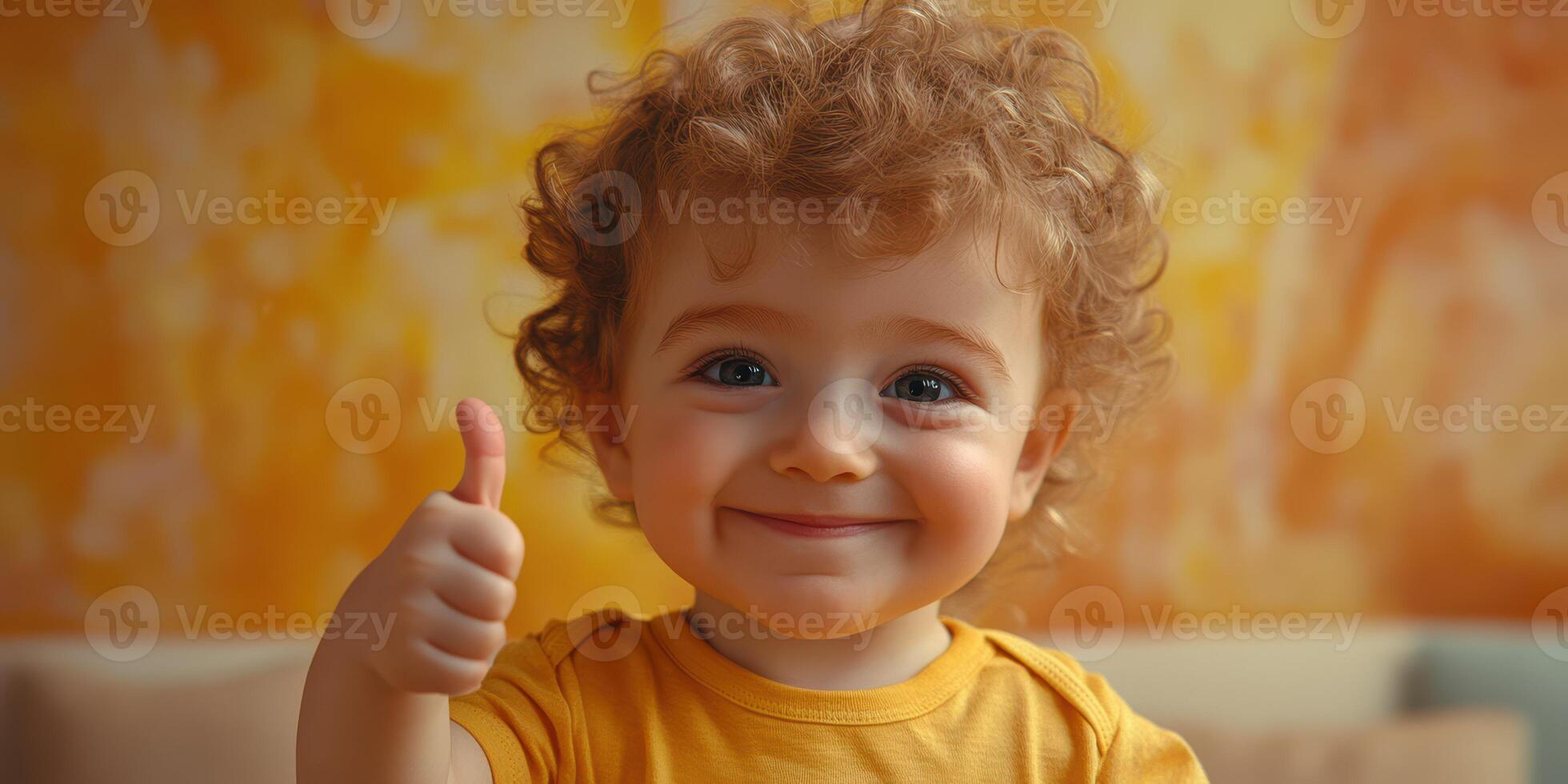 Happy toddler gives thumbs up in bright room with colorful walls during afternoon playtime photo