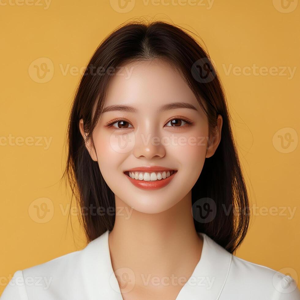An asian woman smiling with her eyes closed photo
