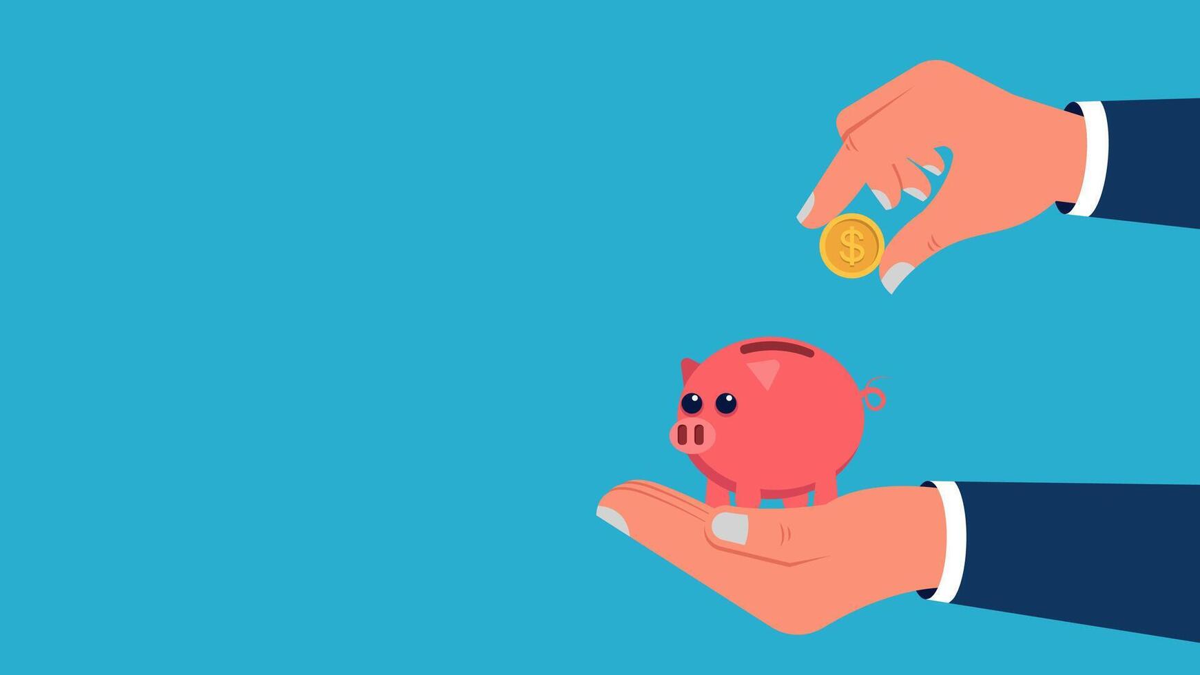 Illustration with Copy Space business, investment, Savings, hand concept Putting Money Coins Into Piggy Bank as a symbol of business profit vector