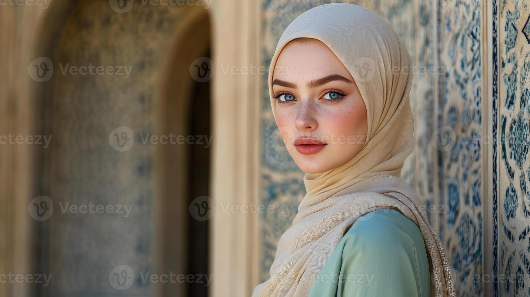 Young Woman Wearing Beige Hijab Against Ornate Wall photo