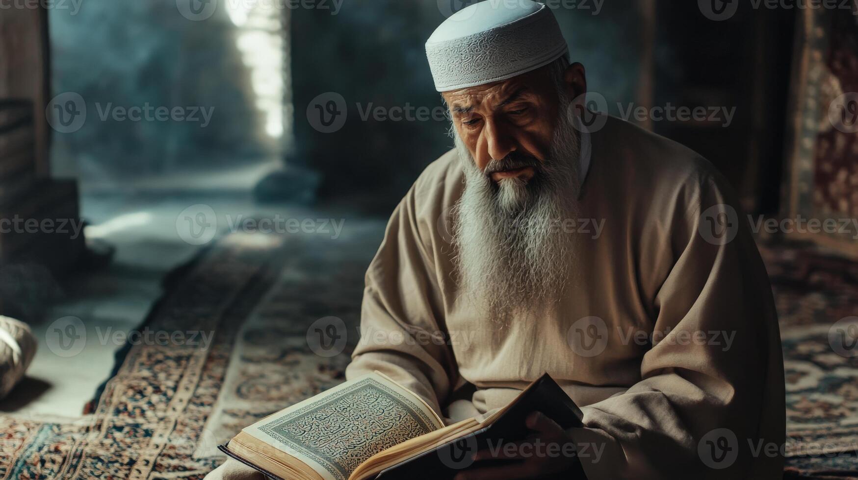 Elderly Man Reads Sacred Text in Quiet Setting photo