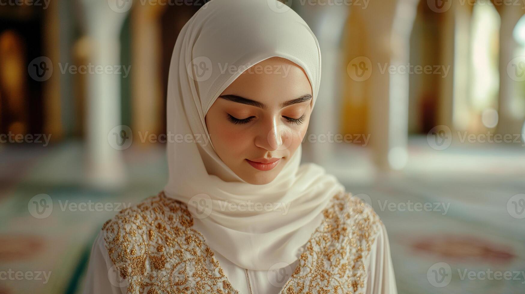 Woman in White Hijab Praying in Mosque photo