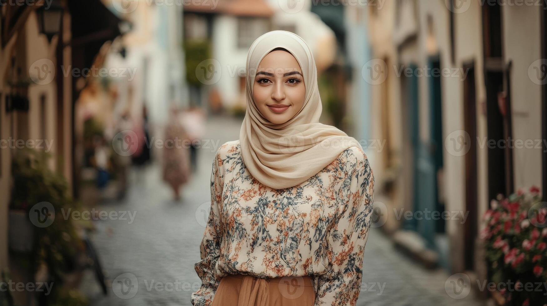 Young Woman Wearing Floral Blouse And Beige Hijab photo