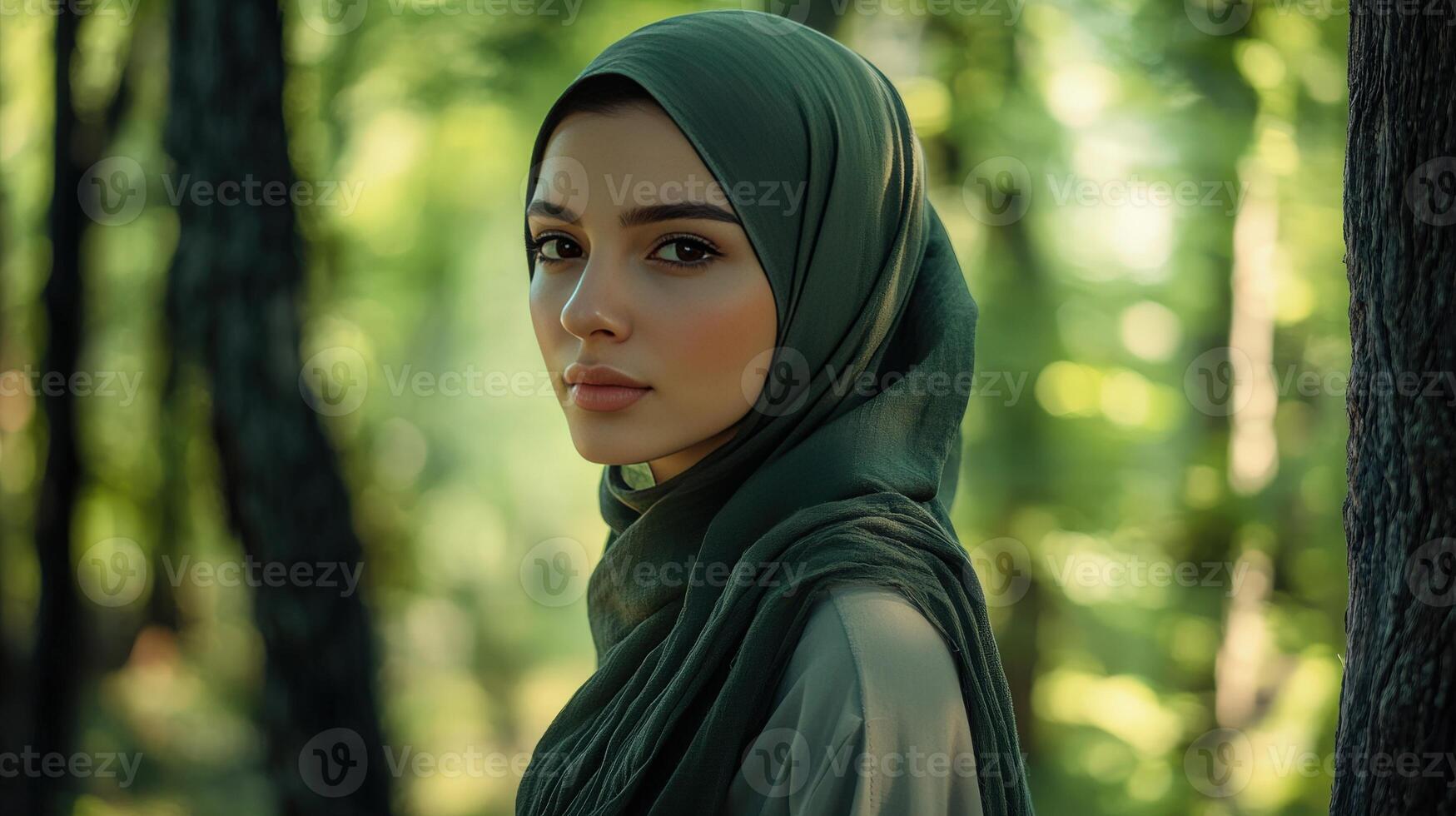 Young Woman Wearing Green Hijab in Forest photo