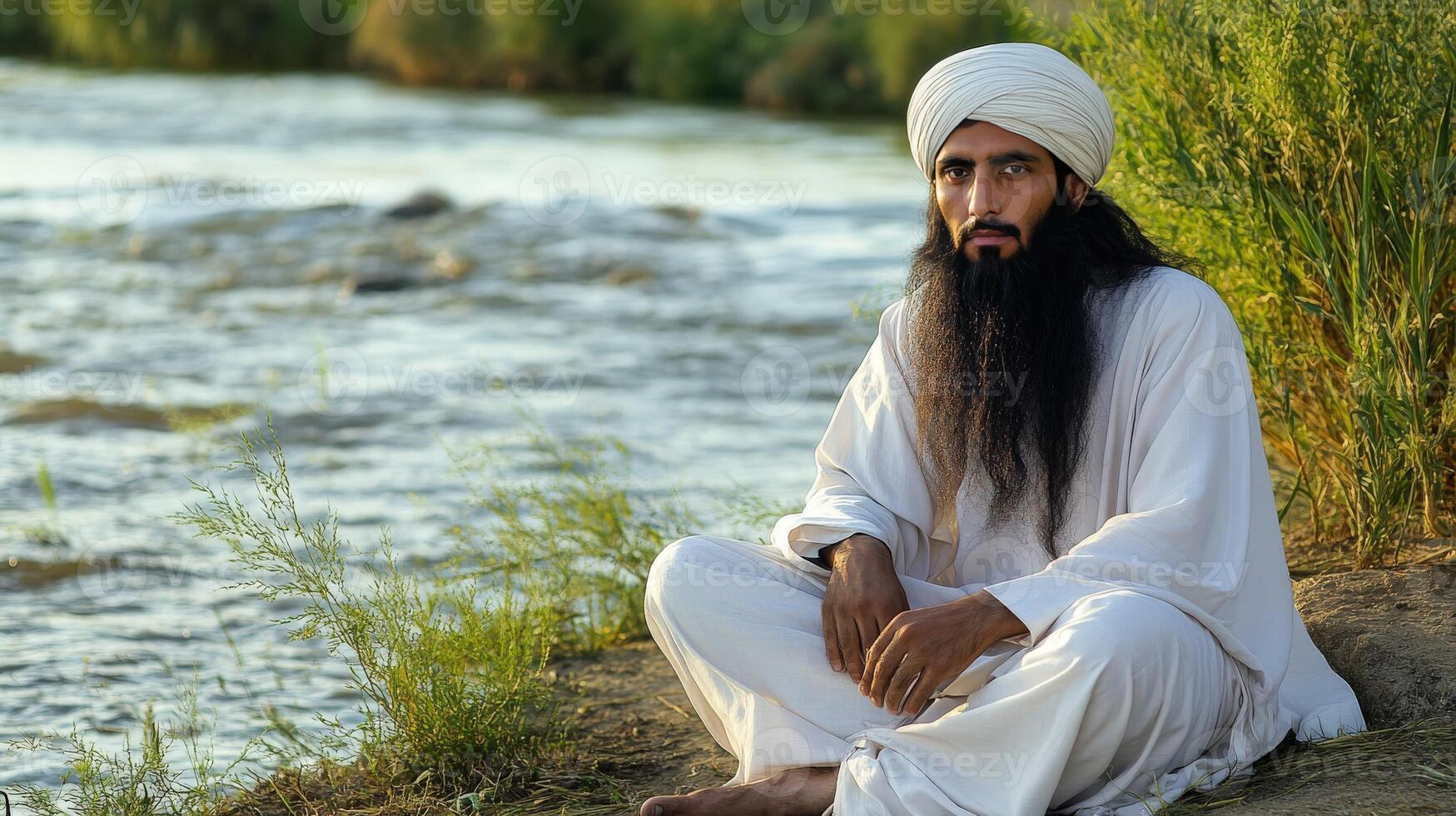 Man in White Robe Sitting by Riverbank photo
