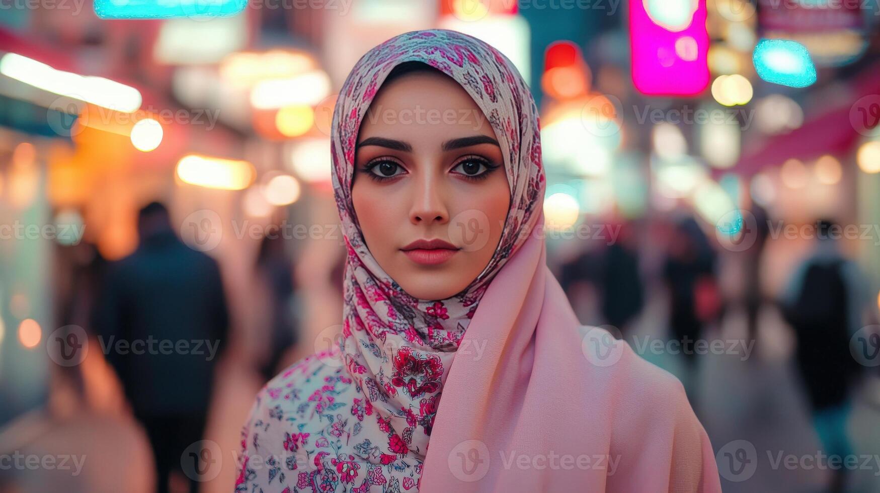Young Woman Wearing Floral Hijab in City Lights photo