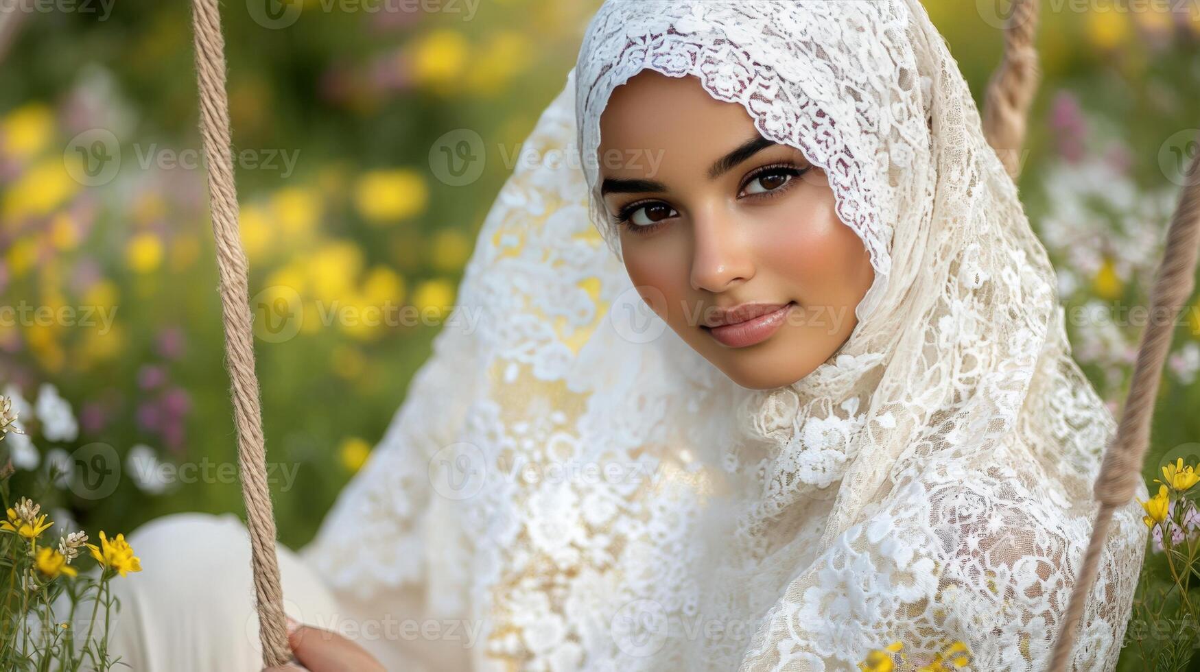 Young Woman Wearing Lace Headscarf In A Flower Field photo