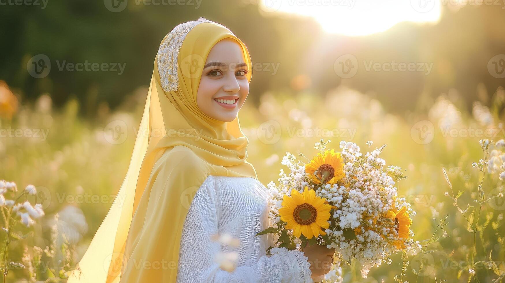 Woman In Yellow Hijab Holds Sunflower Bouquet photo