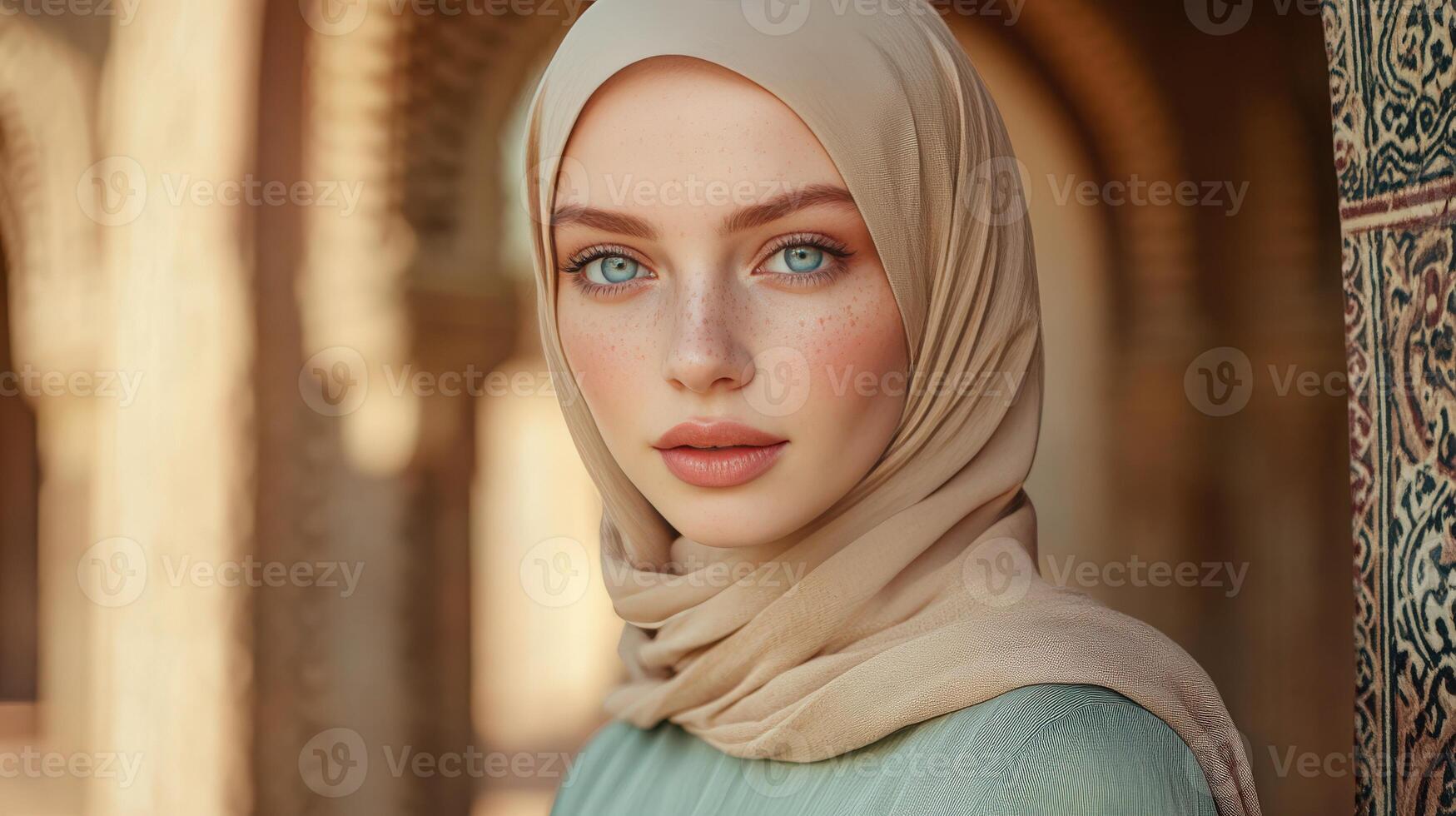 Young Woman Wearing Beige Hijab and Green Dress photo