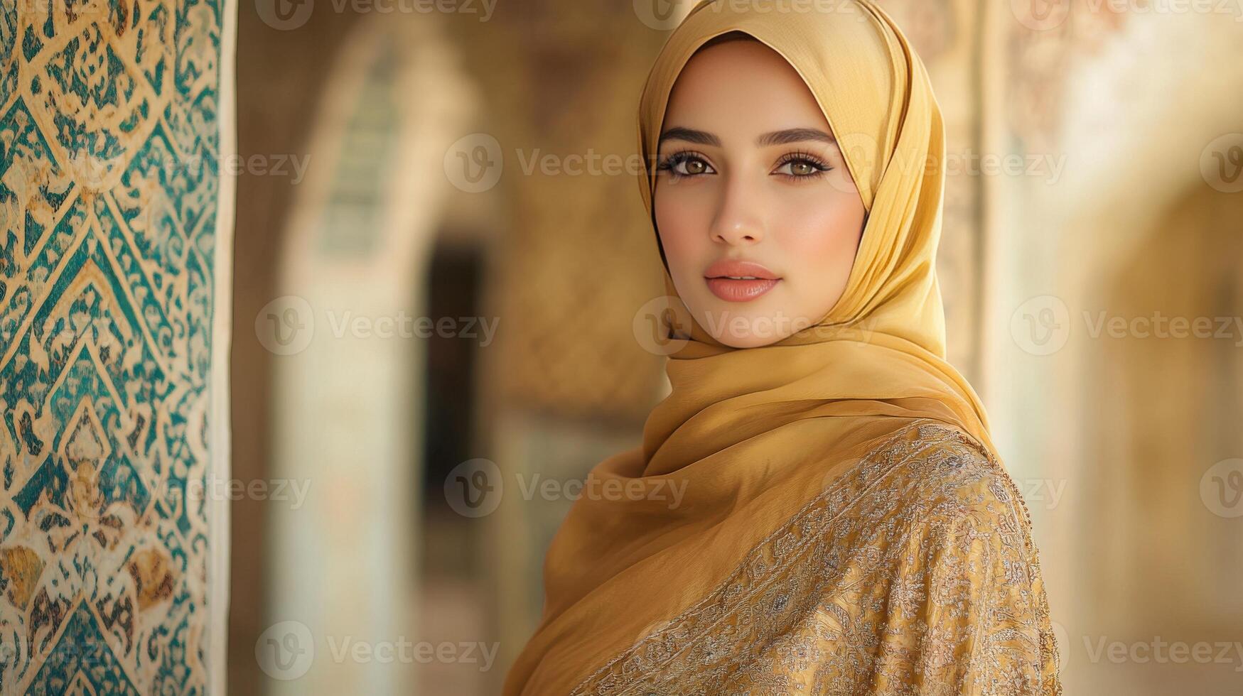 Young Woman Wearing a Golden Hijab and Embroidered Abaya photo