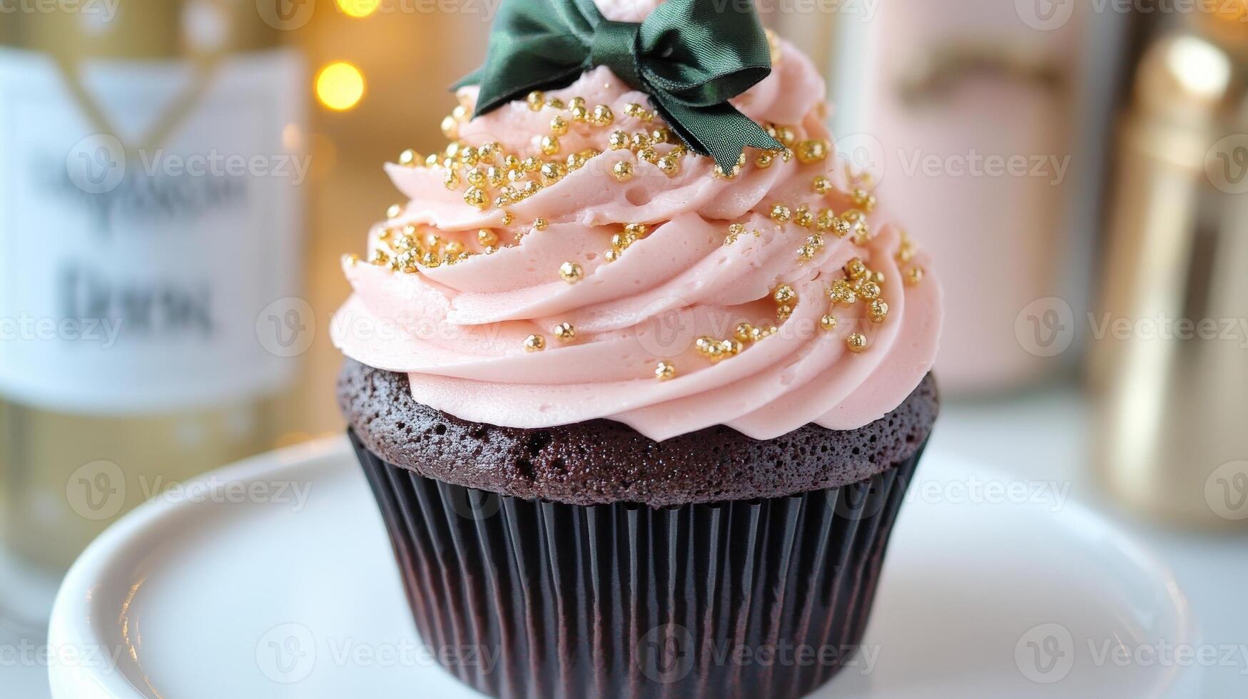 Delicious Chocolate Cupcake With Pink Frosting And Gold Sprinkles photo