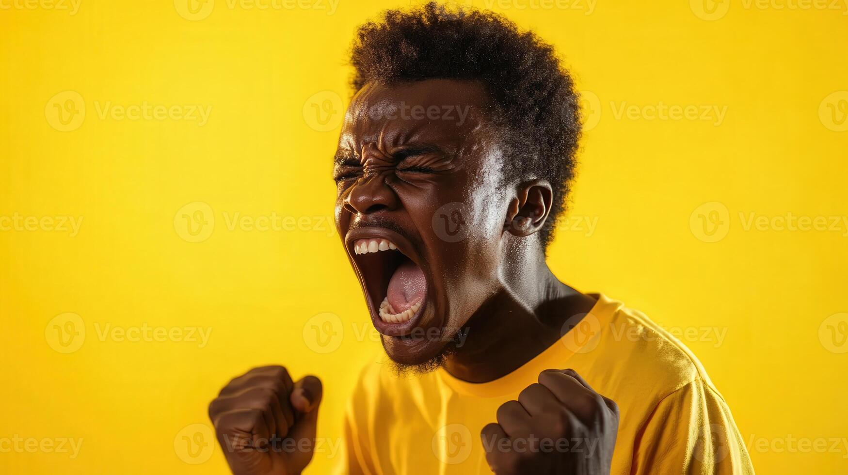 A Man Screaming With Excitement Against Yellow Background photo