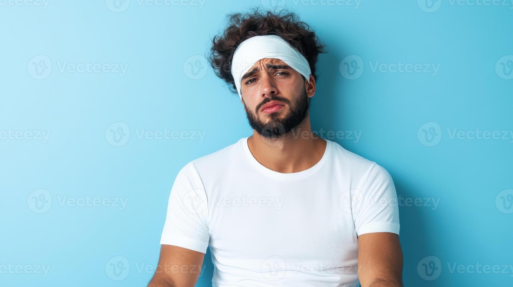 Man with a bandage on his forehead looks sad photo