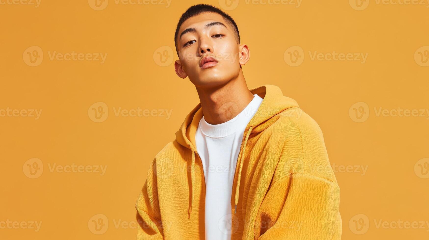 Young Man Models Mustard Yellow Hoodie Against Yellow Background photo