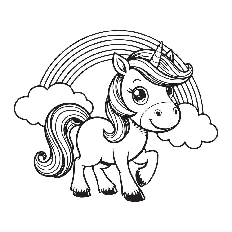 cute unicorn coloring page with rainbow vector