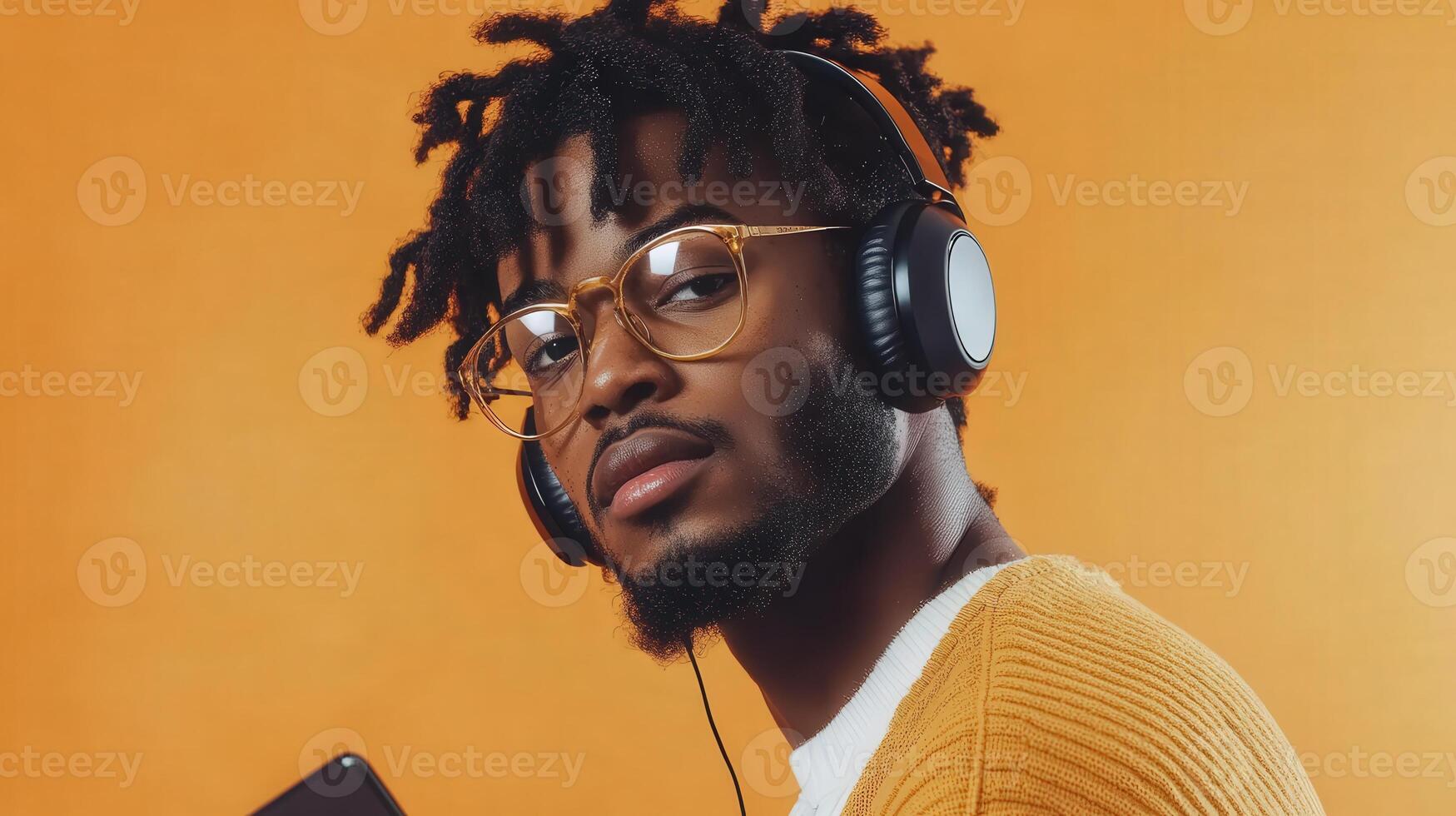 Young Man with Headphones Listening to Music photo