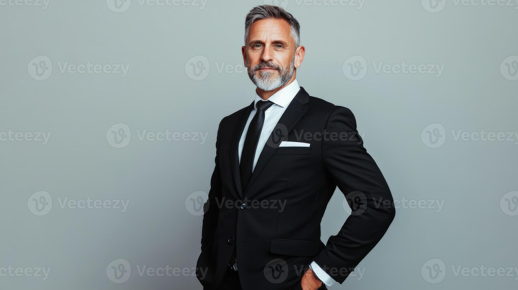 Mature Man in Black Suit Poses Confidently photo