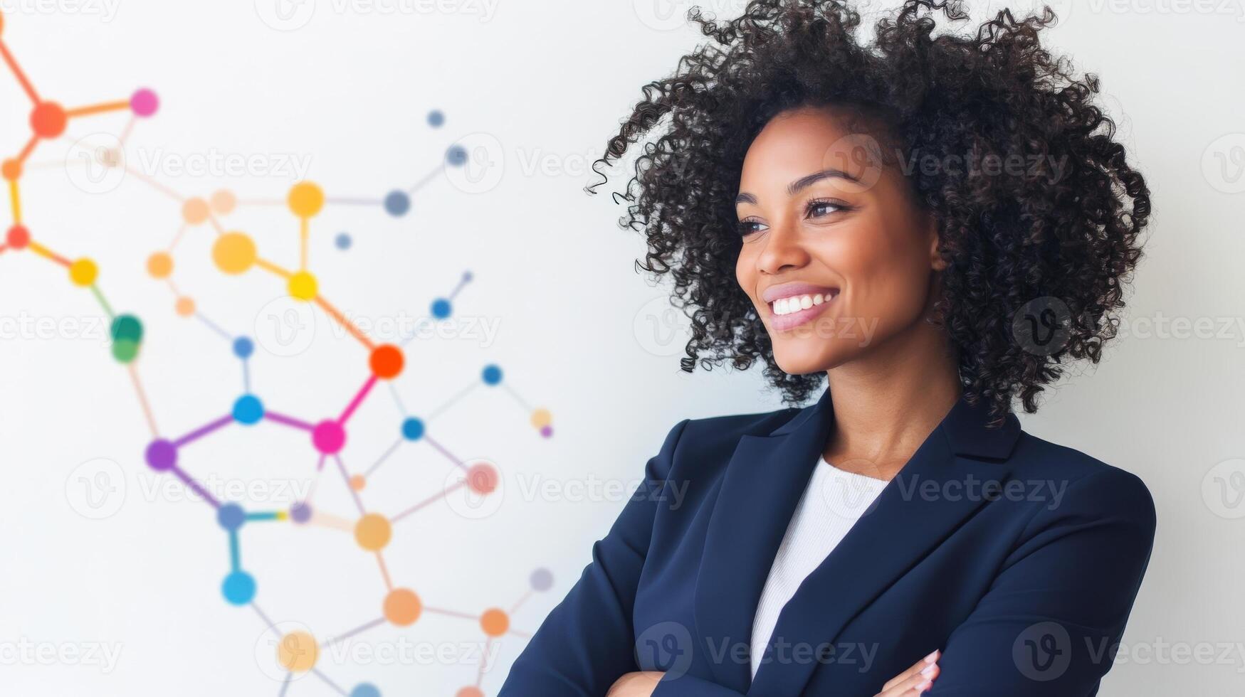 Confident businesswoman smiling near colorful network diagram photo