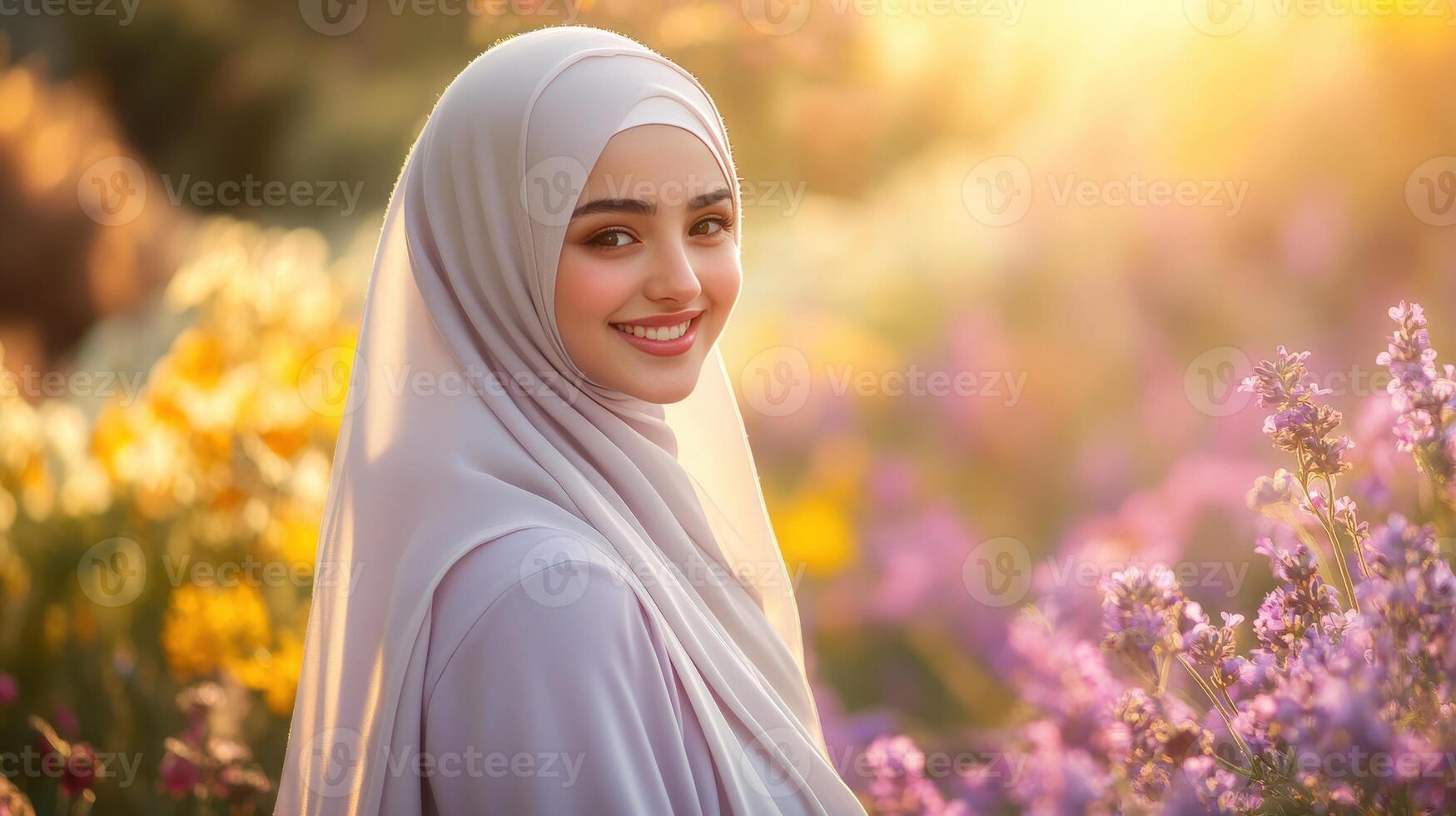 Woman wearing hijab smiles in a flower garden photo