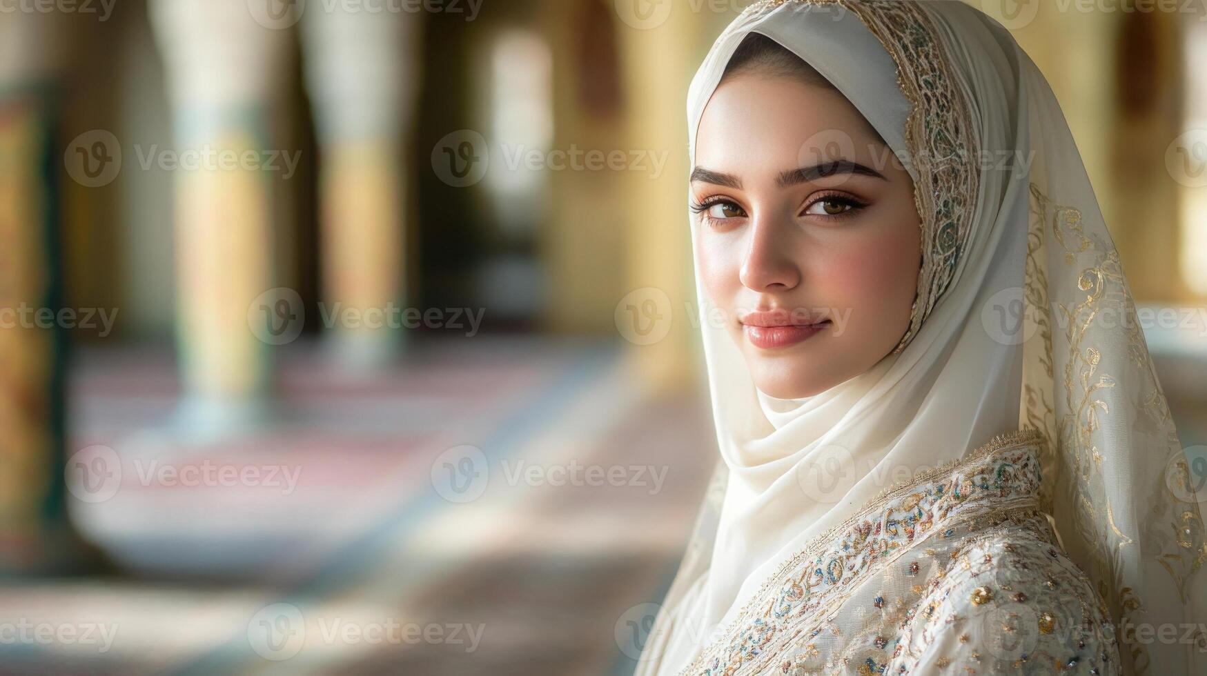 Elegant Woman Wearing Ornate White Hijab photo