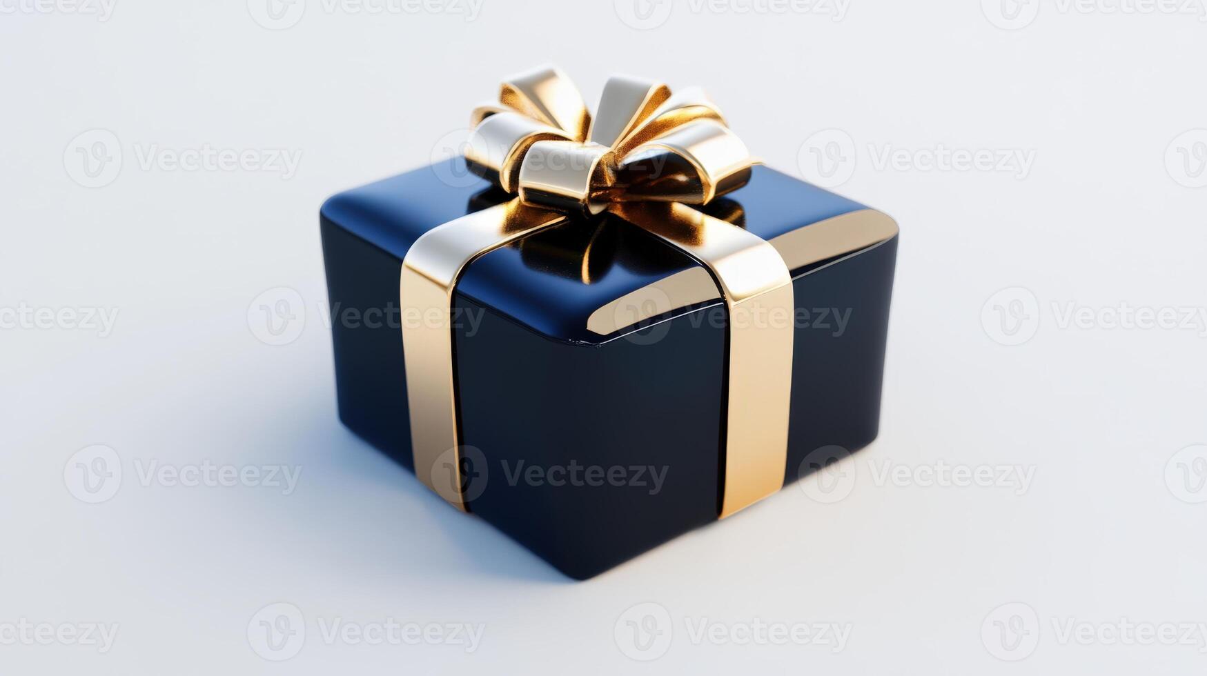 A dark blue gift box with a gold ribbon bow photo