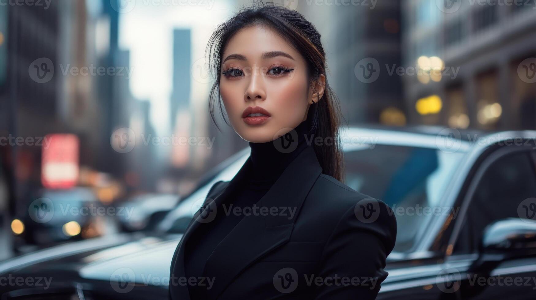 Stylish Woman in Black Blazer Posing Urban Setting photo