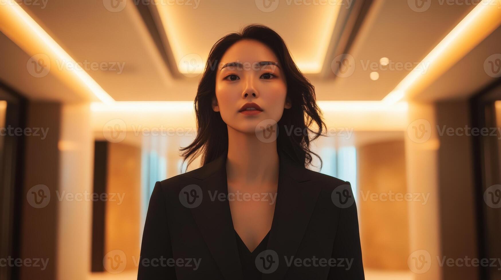 Woman in Black Blazer Standing in Modern Hallway photo
