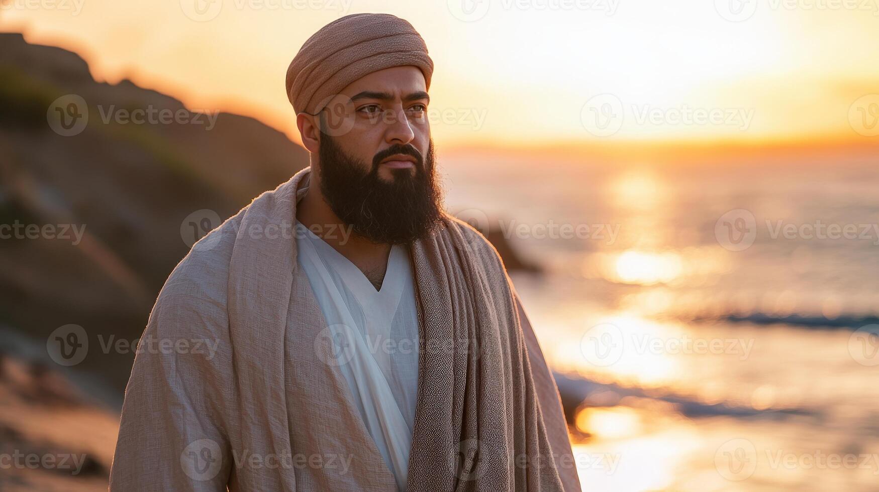 Man in Traditional Clothing Contemplates at Sunset by the Sea photo
