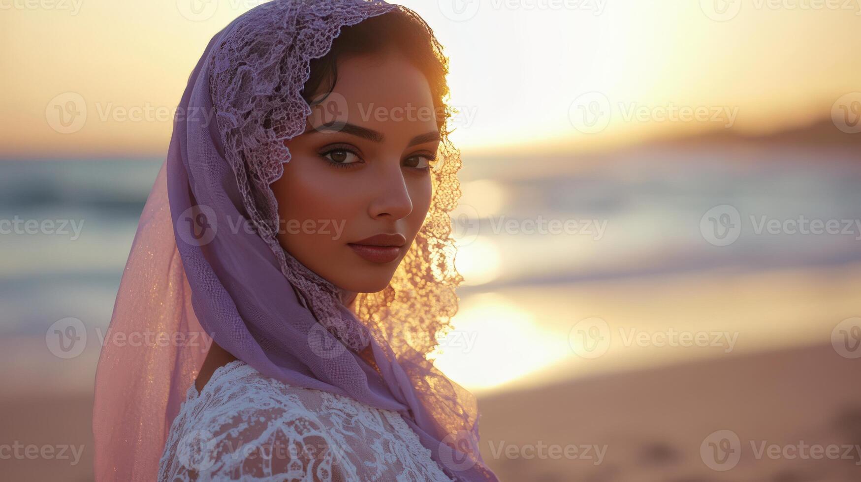 Woman in Lace Headscarf at Sunset Beach photo