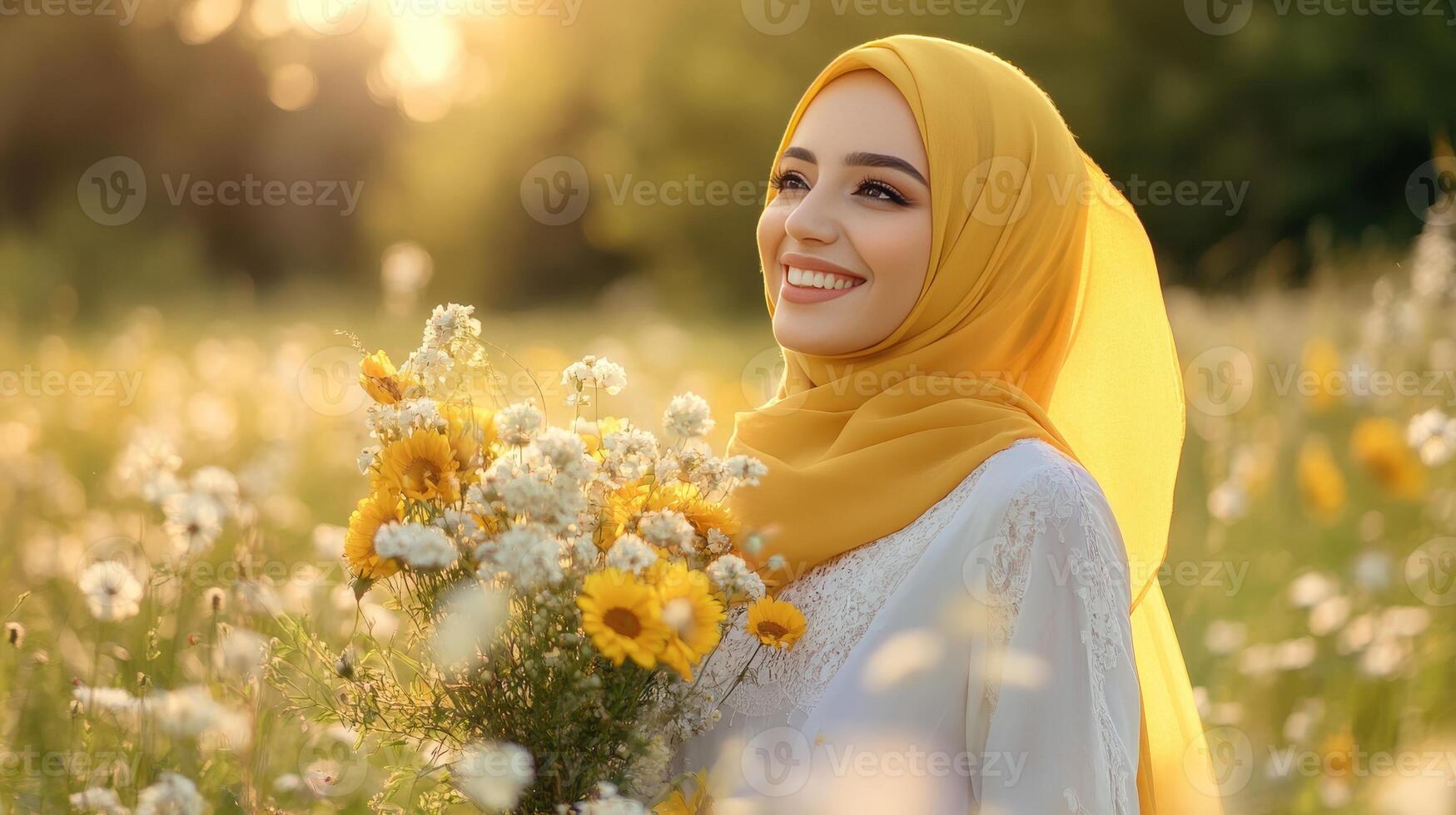 Woman in Yellow Hijab Smiles Holding Flowers photo