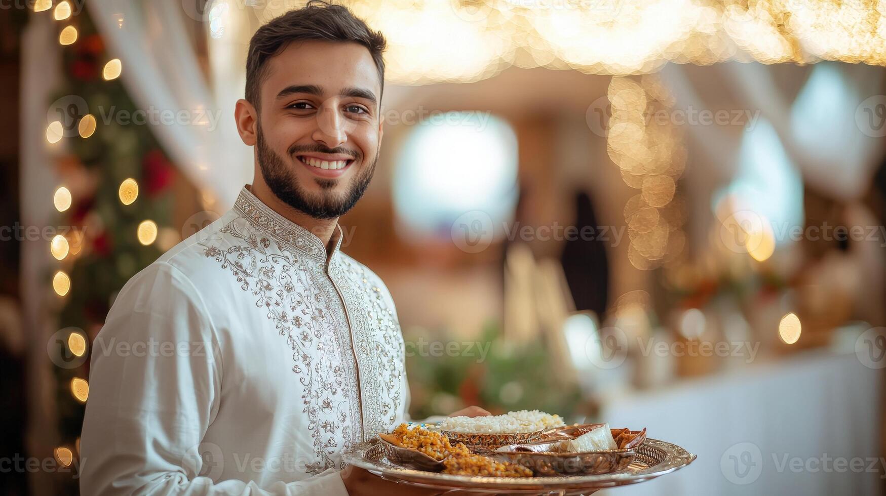 A smiling man in elegant attire presents a festive meal photo